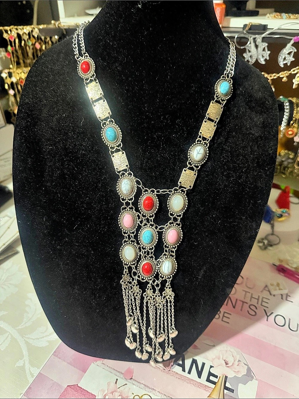 Statement Pendant multi color natural stones Necklace in Silver New